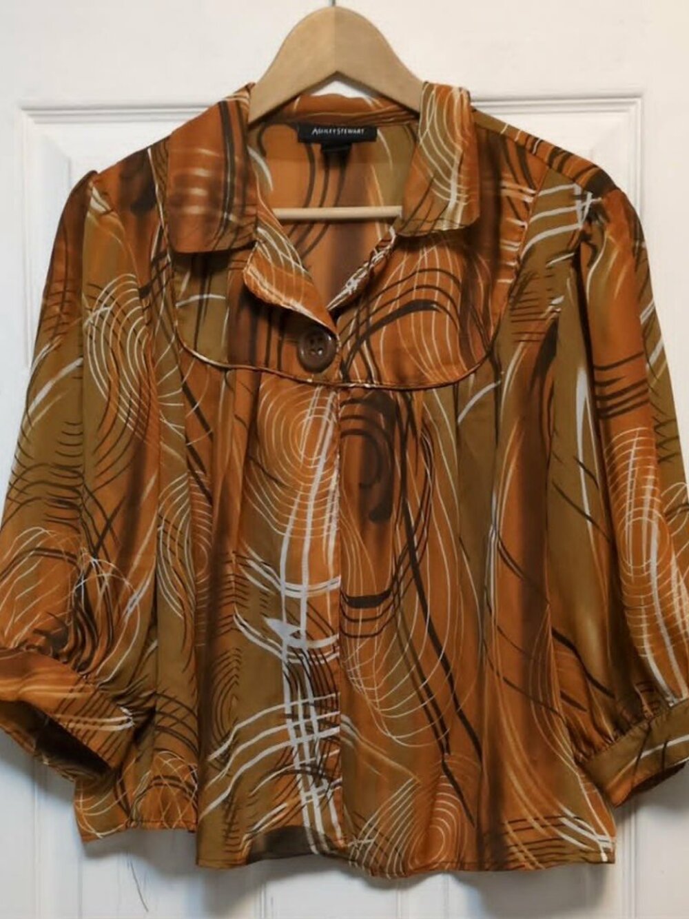 Ashley Stewart Sz 16 Blouse Brown Geo Print 70's Retro Earthy Disco Cropped Puff